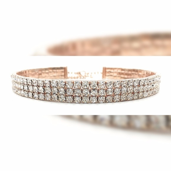 Womens "Selena" Rose Gold 3 Row Rhinestone Choker - Picture 2 of 4